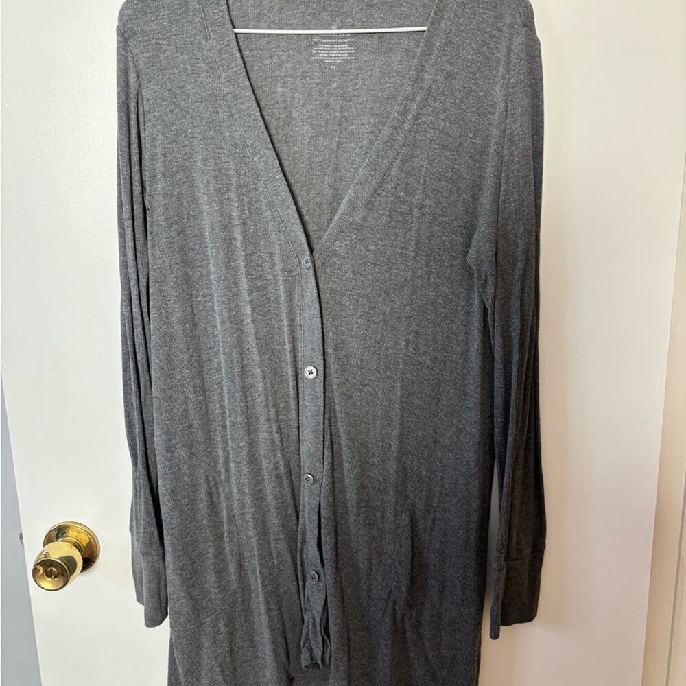 Gray Ribbed Long Duster Minimalist Cozy Vibes Feminine Casual Comfy Medium